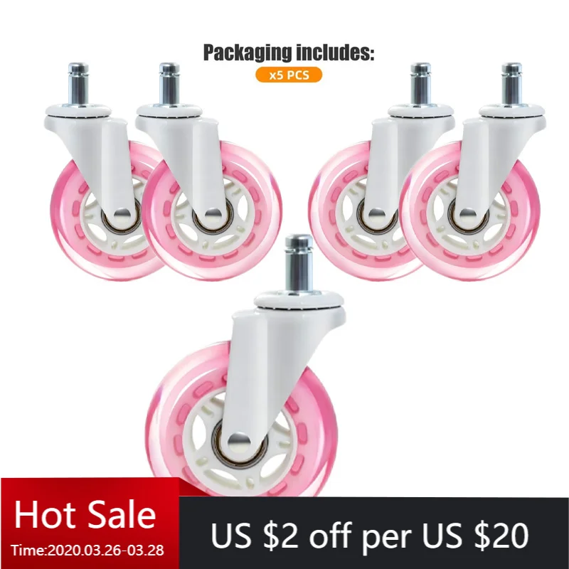 

5 Pcs 3 Inch Pink Transparent PU Swivel Casters, Silent Heavy Duty Office & Gaming Chair Wheels, Smooth Replacement Wheels