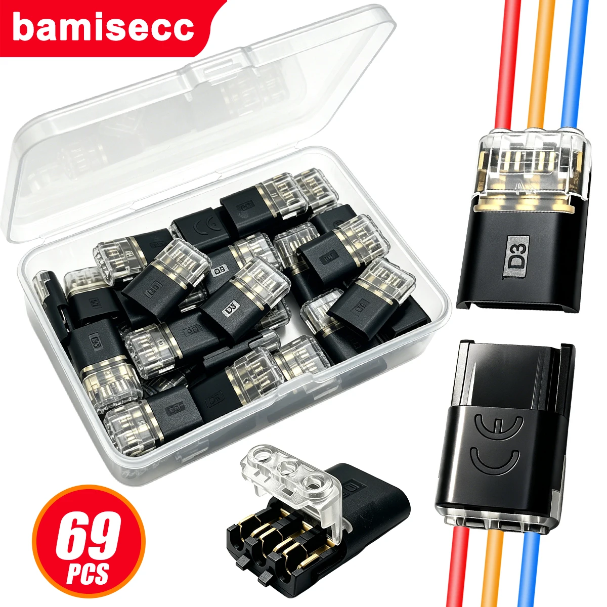 69/19pcs, No-Strip Interlocking Terminals; LED Quick-Connect Dual-Pin, Dual-Channel D2 Wire Connectors for Safe Wire Routing.