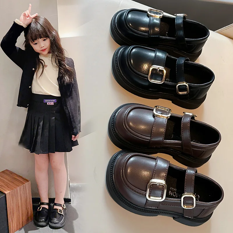 Spring Autumn Girls Solid Color Soft Sole Loafers Student Non-slip PU Leather Shoes Children Thick-soled Mary Jane Shoes Kids