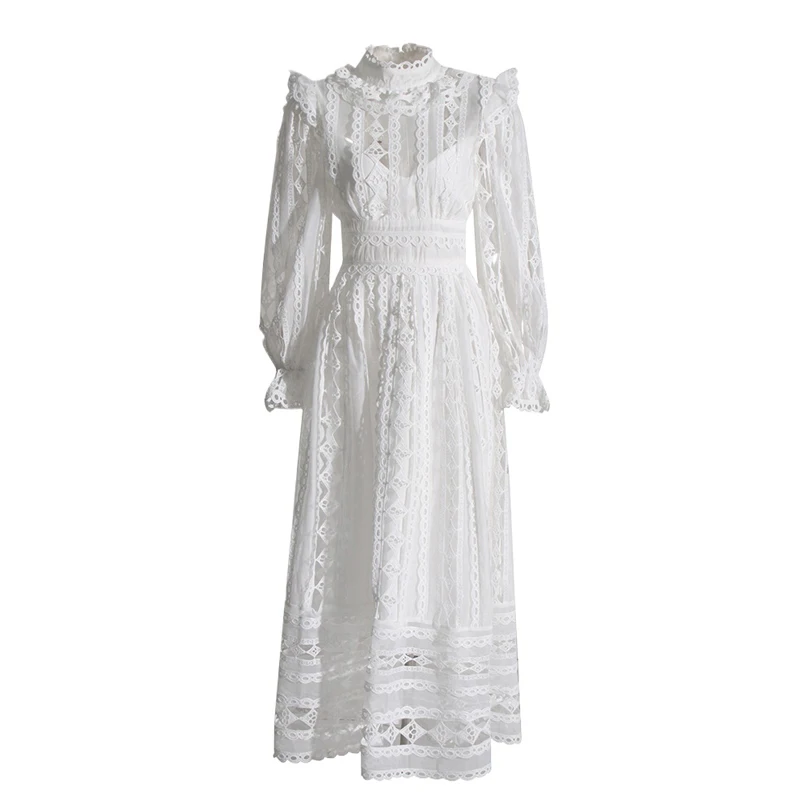 

Doris Fanny Solid Hollow Out Elegant Dress For Women Stand Collar Long Sleeve High Waist Temperament Dresses Female Fashion New