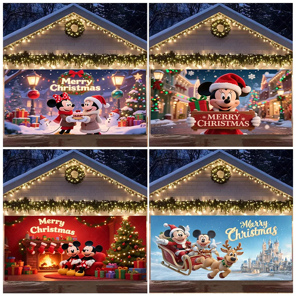 

Christmas Micky And Minnie Mouse Garage Door Background Banner Xmas Tree Backdrop Winter Christmas Party Outdoor Wall Decoration