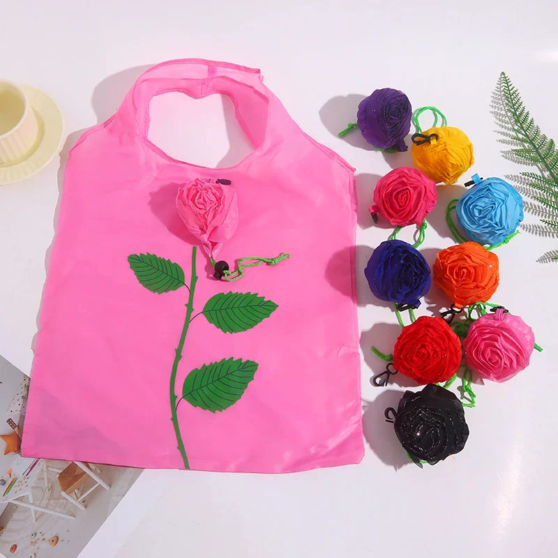 New Rose Flower Foldable Shopping Bag Portable Large Capacity Folding Tote Bag Lightweight Durable Travel Handbag Storage Pouch