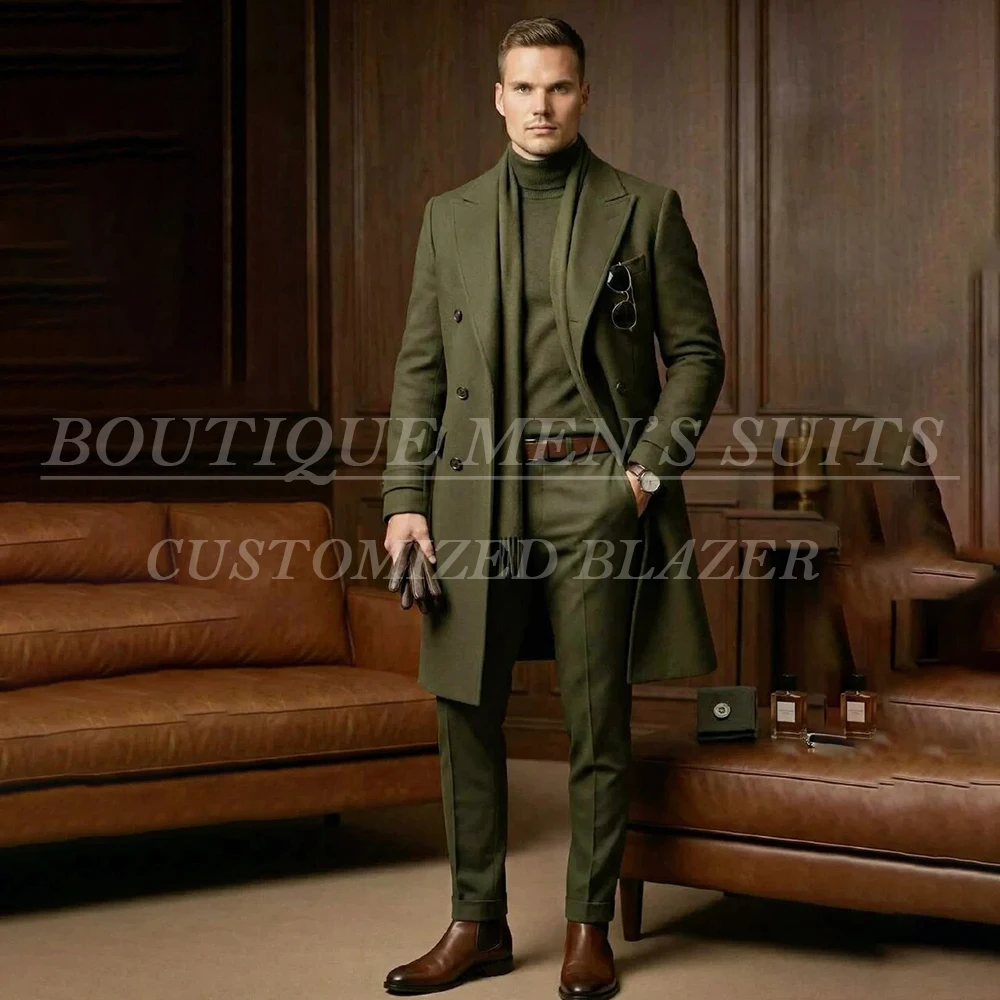 Customized Business Men's Suits 2 Piece Long Jacket With Pants Sets Formal Double Breasted Peak Lapel Mael Clothing Costume