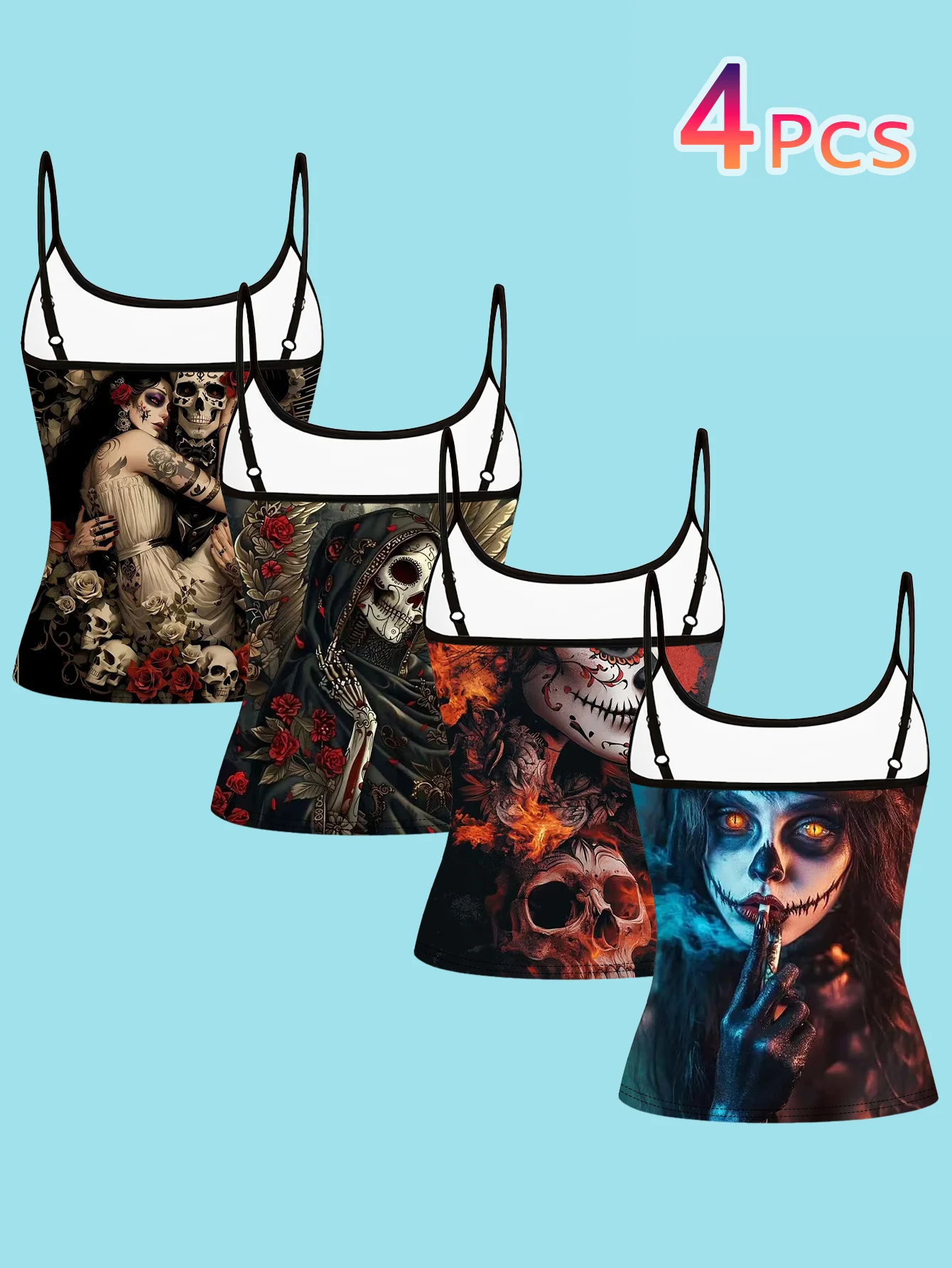 4-Piece Set of Magic Dragon Print Camisoles for Women, Featuring Dark Black Dragons, Red-Winged Dragons, Sunset Dragons, and Ice White Dragons, with Artistic Illustrations and Thin Straps, Slim-Fit Inner Tops