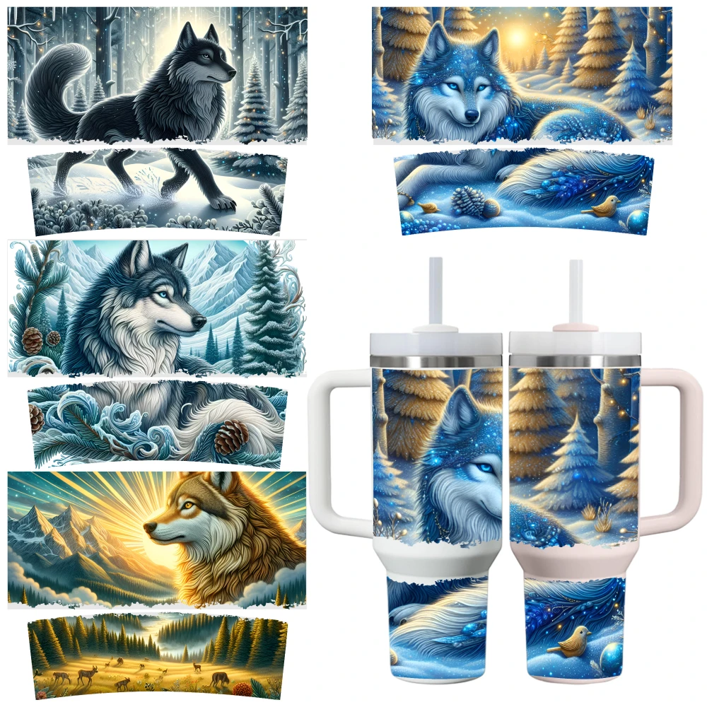 4 листа Волк Зимний лес Снежная гора Восход сосны Ледяная вода Голубые глаза УФ-наклейки DTF для стаканов емкостью 40 унций УФ DTF