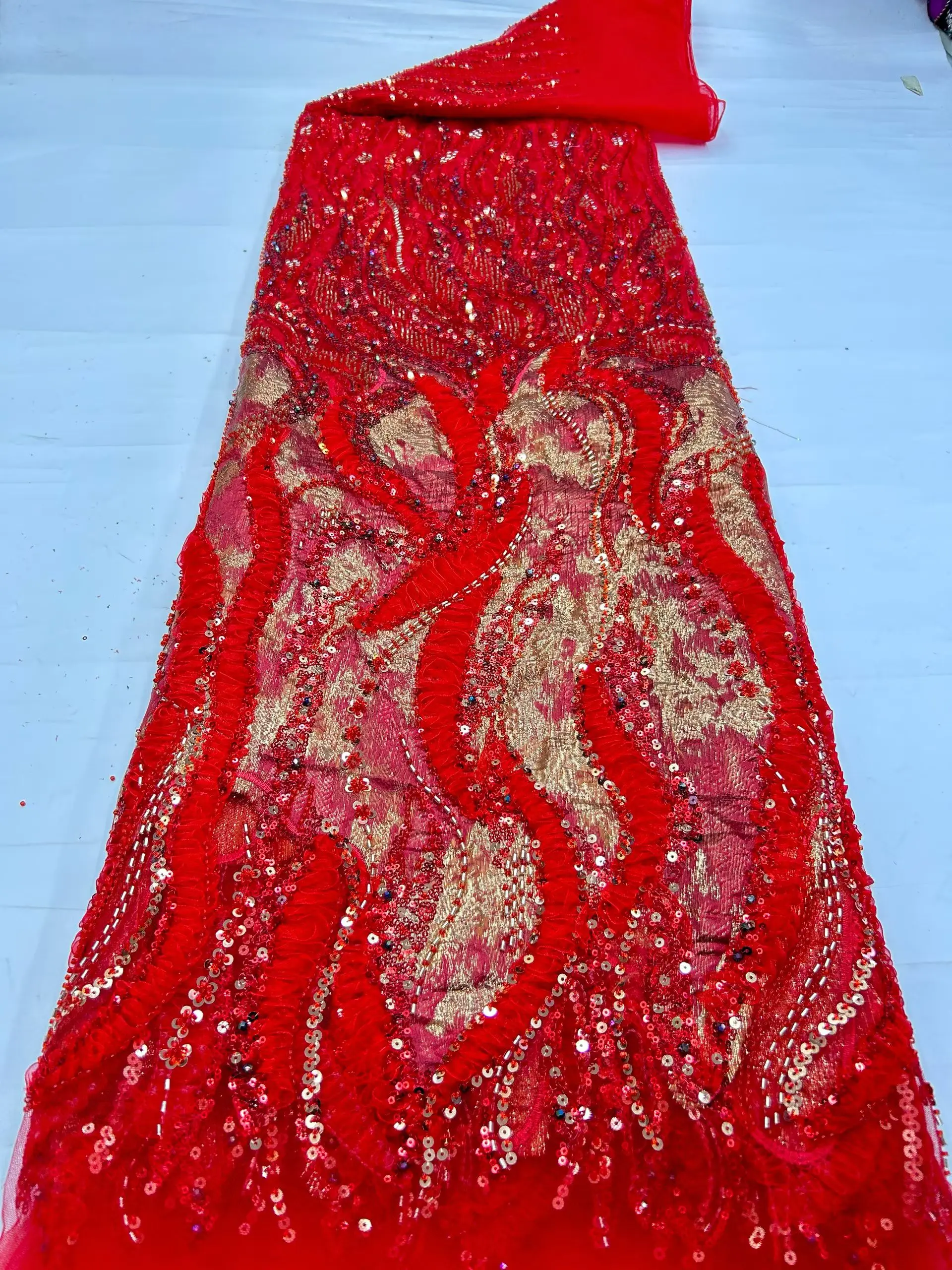 Latest Red 3D Sequins Beads African Tulle Lace Fabric 2026 High Quality Handmade Beads French Lace Fabric For Dress Sew KHD26236