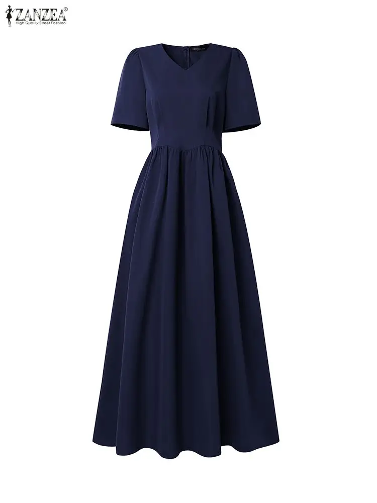 فساتين حفلات ميدي أنيقة للنساء موضة قصيرة الأكمام منتفخة ورقبة على شكل حرف v خصر مناسب للنساء على شكل حرف a فستان ZANZEA ملابس ضيوف الزفاف