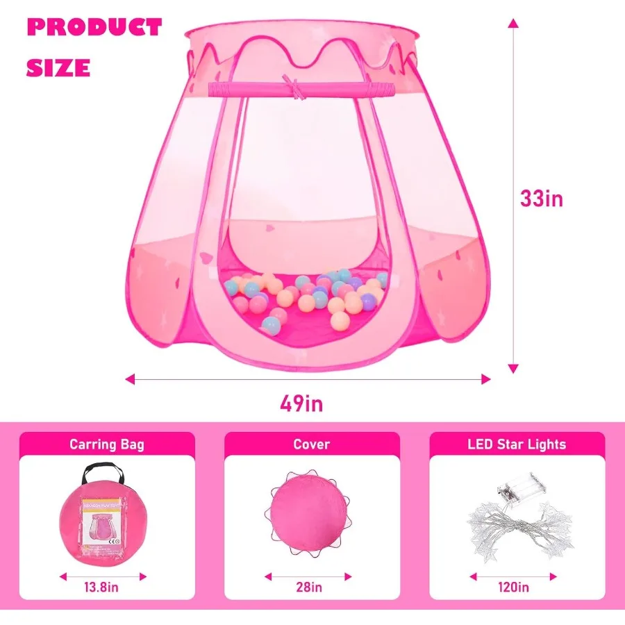 Barraca de princesa pop up com 50 bolas, poço com luzes de estrela para meninas de 1 2 3 anos, presente de aniversário, brinquedos de princesa para crianças wi