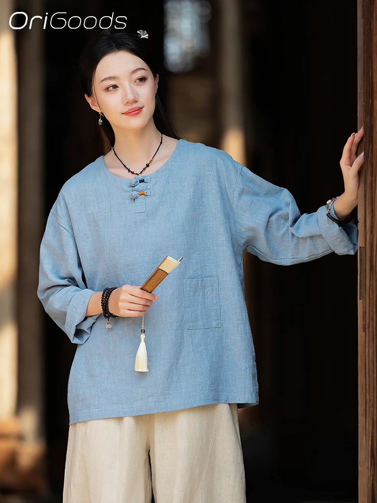 OriGoods Long Sleeve T Shirt Women Ramie Fabric Spring Autumn Top Vintage Chinese Traditional Style Clothes T Shirts Woman C071