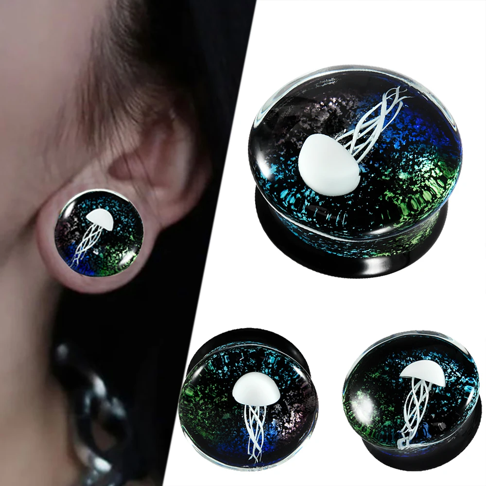 1-2PCS Four Color Foil &White Jellyfish Glass Plugs Saddle Solid Flared Expansion Ear Gauge Strenghed Piercing Jewelry 8-25mm