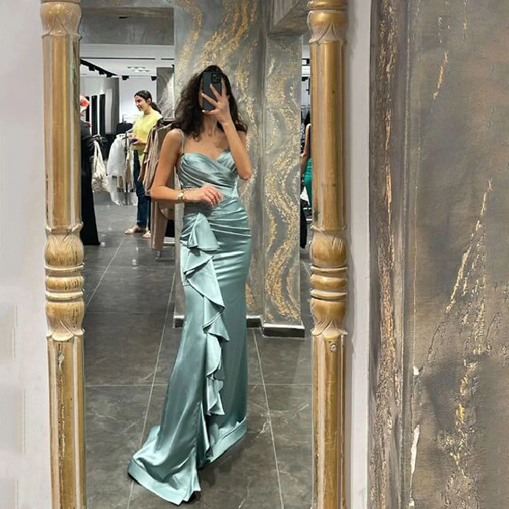 

Modern Mermaid Evening Dresses For Women Spaghetti Straps Zipper Sweetheart Prom Dresses Sexy Satin Sweep Train Robes De Soirée