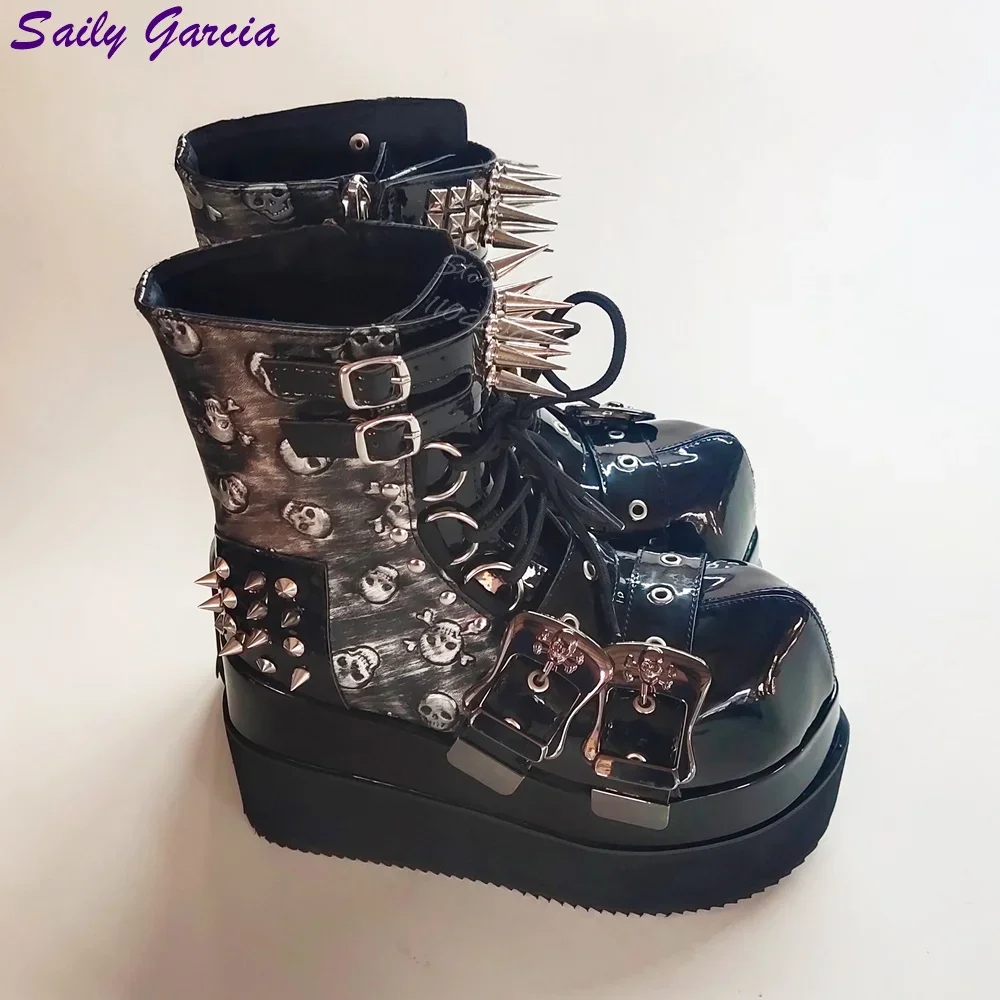 Pointed Rivet Ankle Boots Skull Round Toe Belt Buckle Platform Boots Side Zipper 2025 Women Punk Shoes Increase Height 12cm