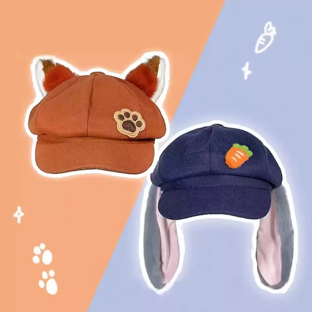 

Kawaii Disney Zootopia Merchandise Creative Design Judy Nick Plush Ears Octagonal Cap Sweet Versatile Beret Couple Girl Gift