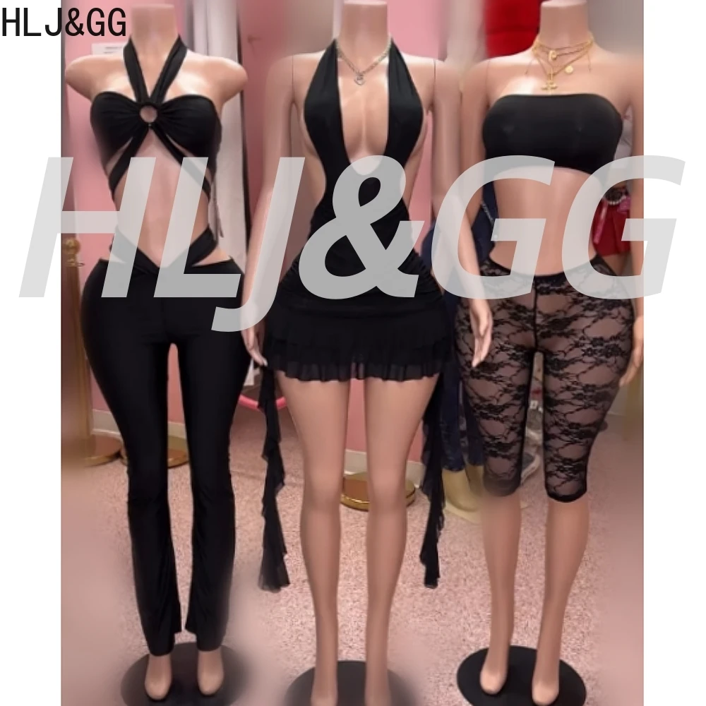

HLJ&GG Black Sexy Hollow Halter Two Piece Sets Women Sleeveless Backless Slim Crop Top And Pants Outfits Fashion 2pcs Streetwear