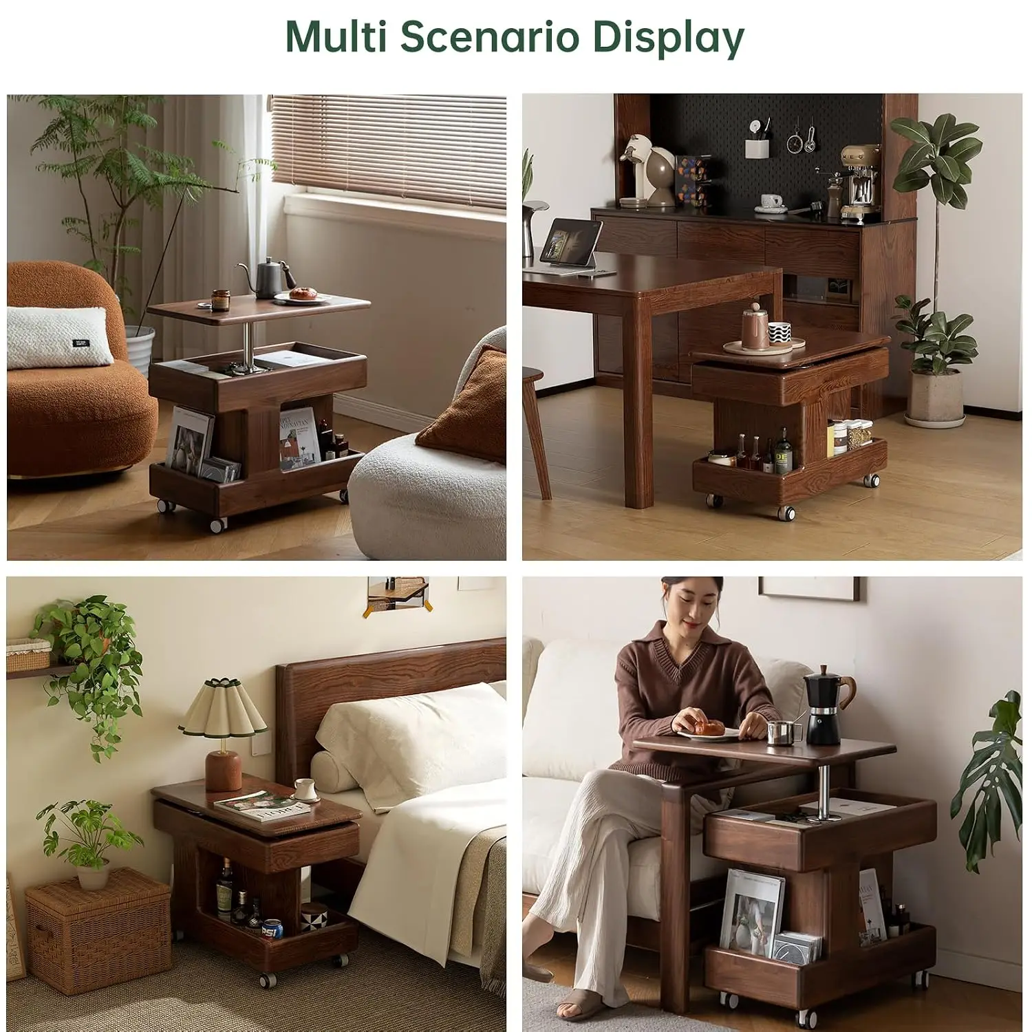 Solid Wood Lift Top End Table Swivel & Wheels, Small Sofa Side Table for Living Room & Bedroom, Fully Assembled, Customized