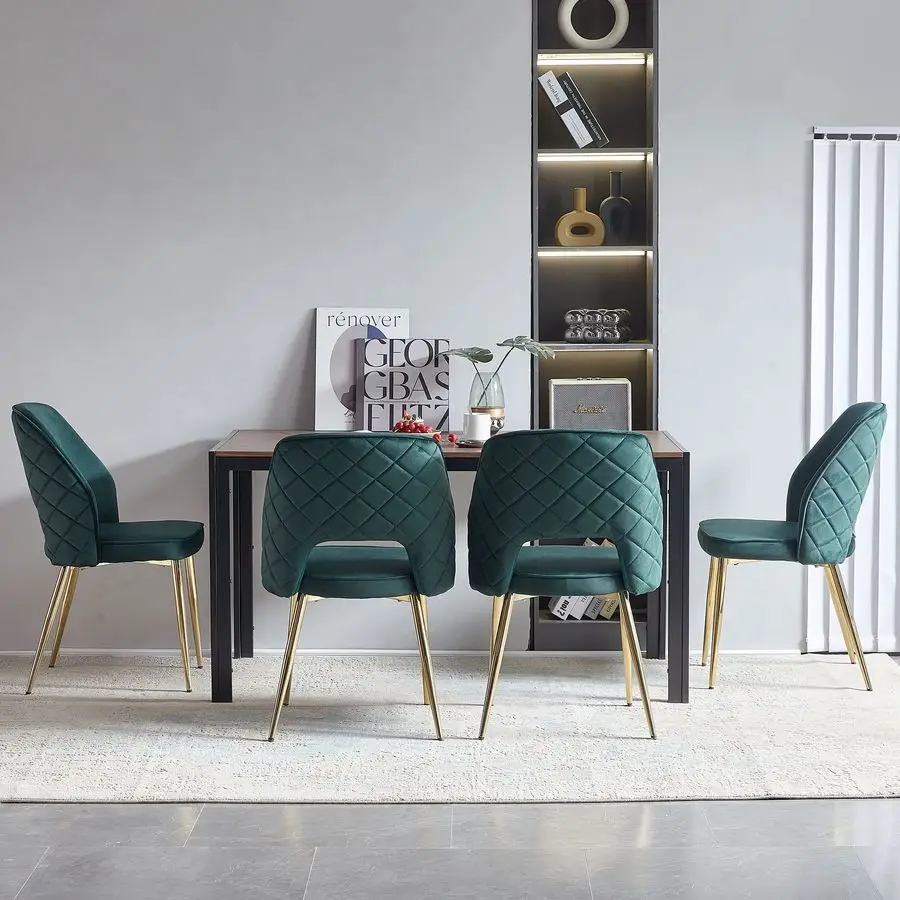 Ensemble de 4 chaises de salle à manger modernes, chaises d'appoint rembourrées en tissu velours vert forêt avec pieds en métal doré, chaise latérale à dossier rond