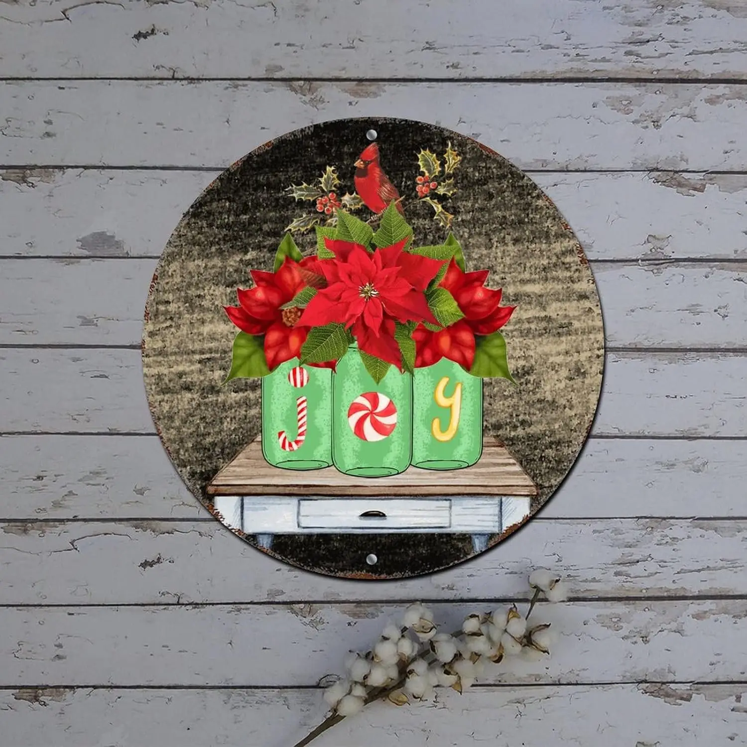 Christmas Red Truck Sign Poinsettia Vase Joy Wood Grain Round Metal Tin Sign Christmas Hanging Decorations Distressed Stylish Ti