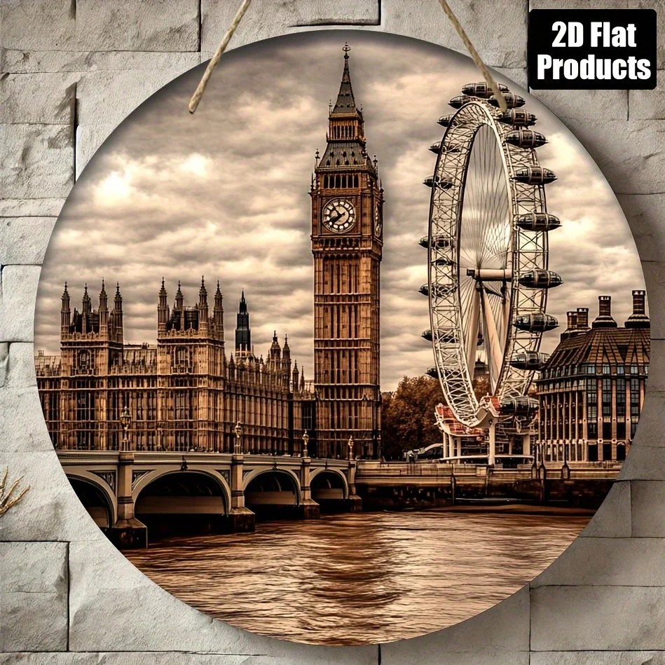 2D flache, 2D flache runde Holzwandkunst mit London-Motiv – geeignet für Bar-, Küchen-, Café-, Heim- und Bürodekoration