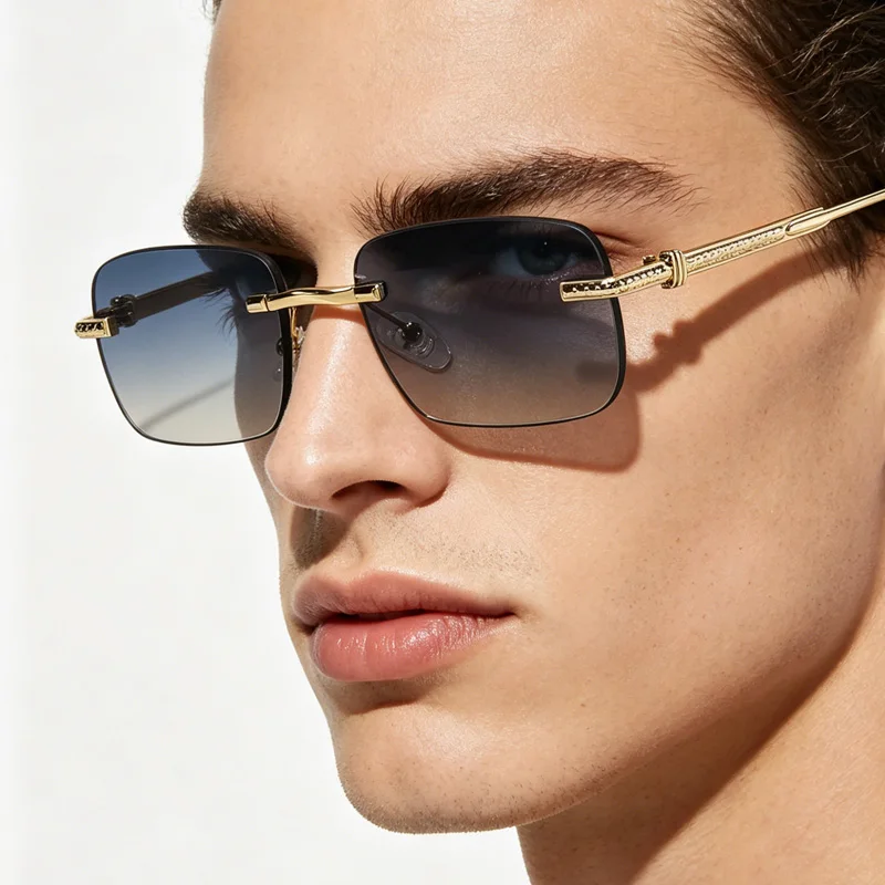 Hot Popular Rectangel Sunglasses Men Rimless Business Formal UV400 Sun Glasses FIne Craft Temple Framless Male Shades