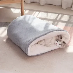 Winter Warm Bed for Cats Comfortable Thick Fleece Semi-enclosed Sleeping Bag Soft Grey House Blue Sofa for Kittens in Autumn