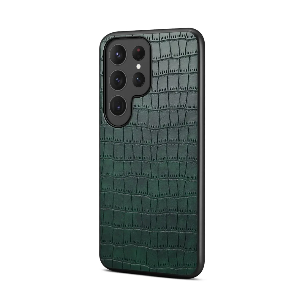 أنيقة وحشية: حافظة جلدية من جلد التمساح الصناعي مع إطار أسود غير لامع لهاتف Samsung S25 Ultra وS24 وS23 Ultra.