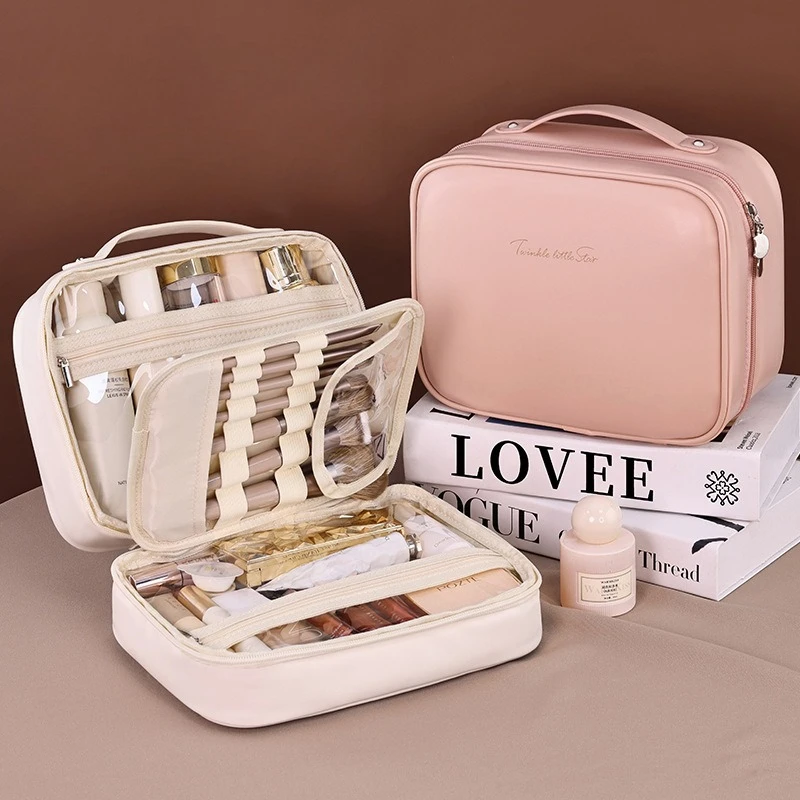 3-In-1 Multi-Functional Partition Storage Pu Makeup Bag Large Capacity Advanced Sense Portable Portable Makeup Brush Storage Bag