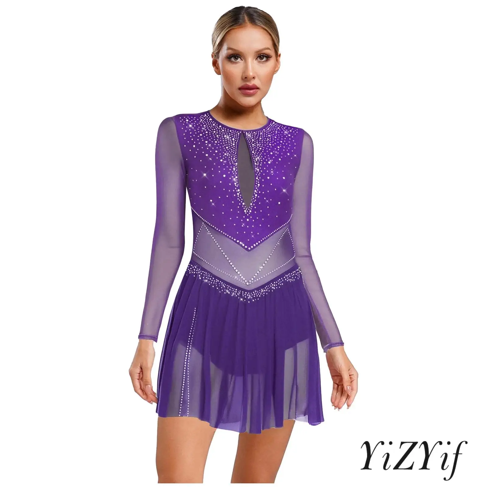 

Round-Neck Performance Dress for Womens with Built-in Briefs Shiny Rhinestones for Figure Skating Dance Training Practice Wear