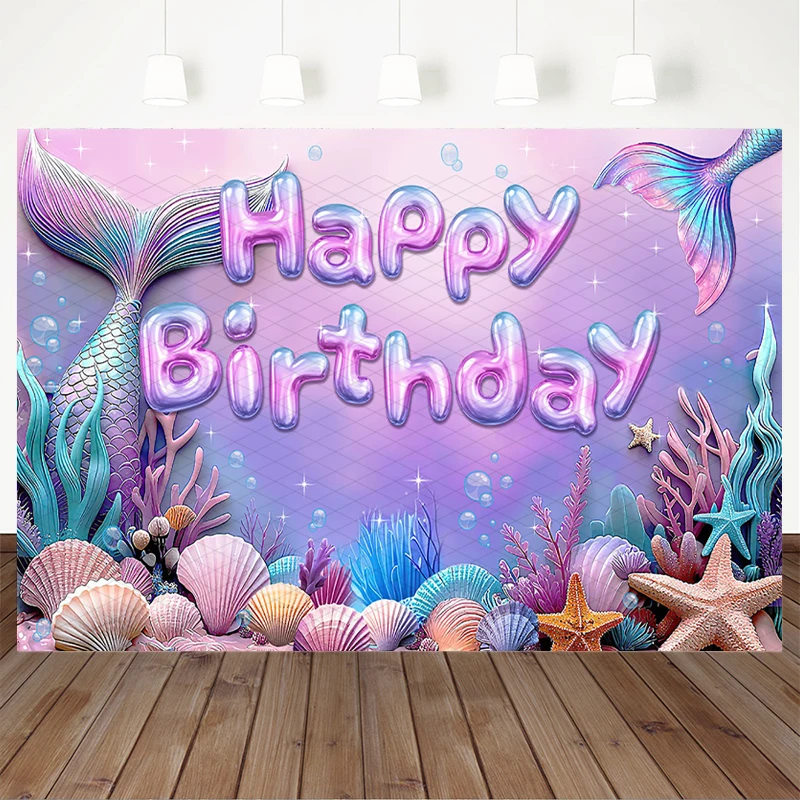 Mocsicka Mermaid Happy Birthday Photography Backdrop Purple Tail Underwater Coral Background Girls Party Cake Table Decor Banner