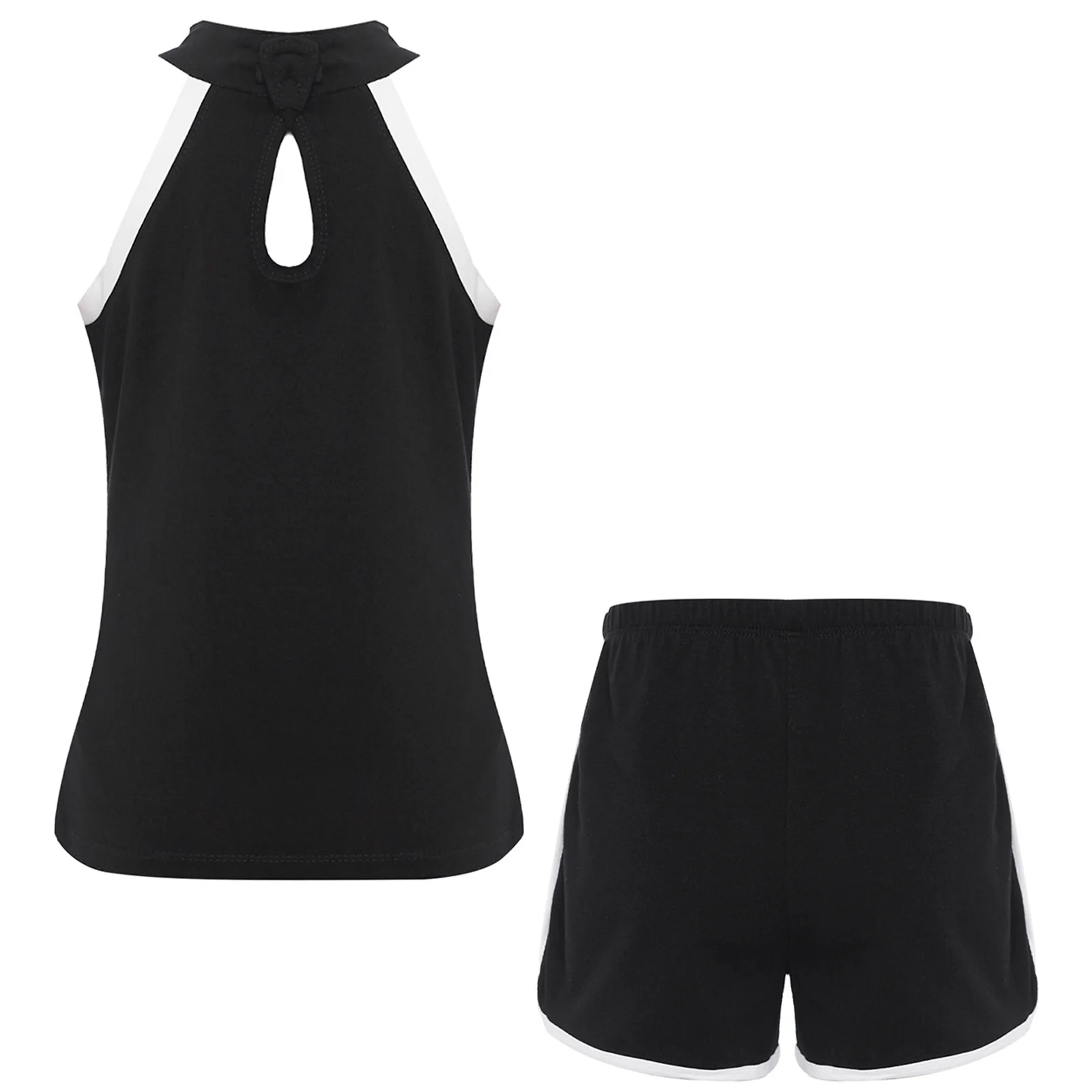 2 Pcs Kids Girl Tennis Sports Set Contrast Color Tracksuit Sleeveless T-shirt with Sides Slit Shorts Training Workout Sportswear
