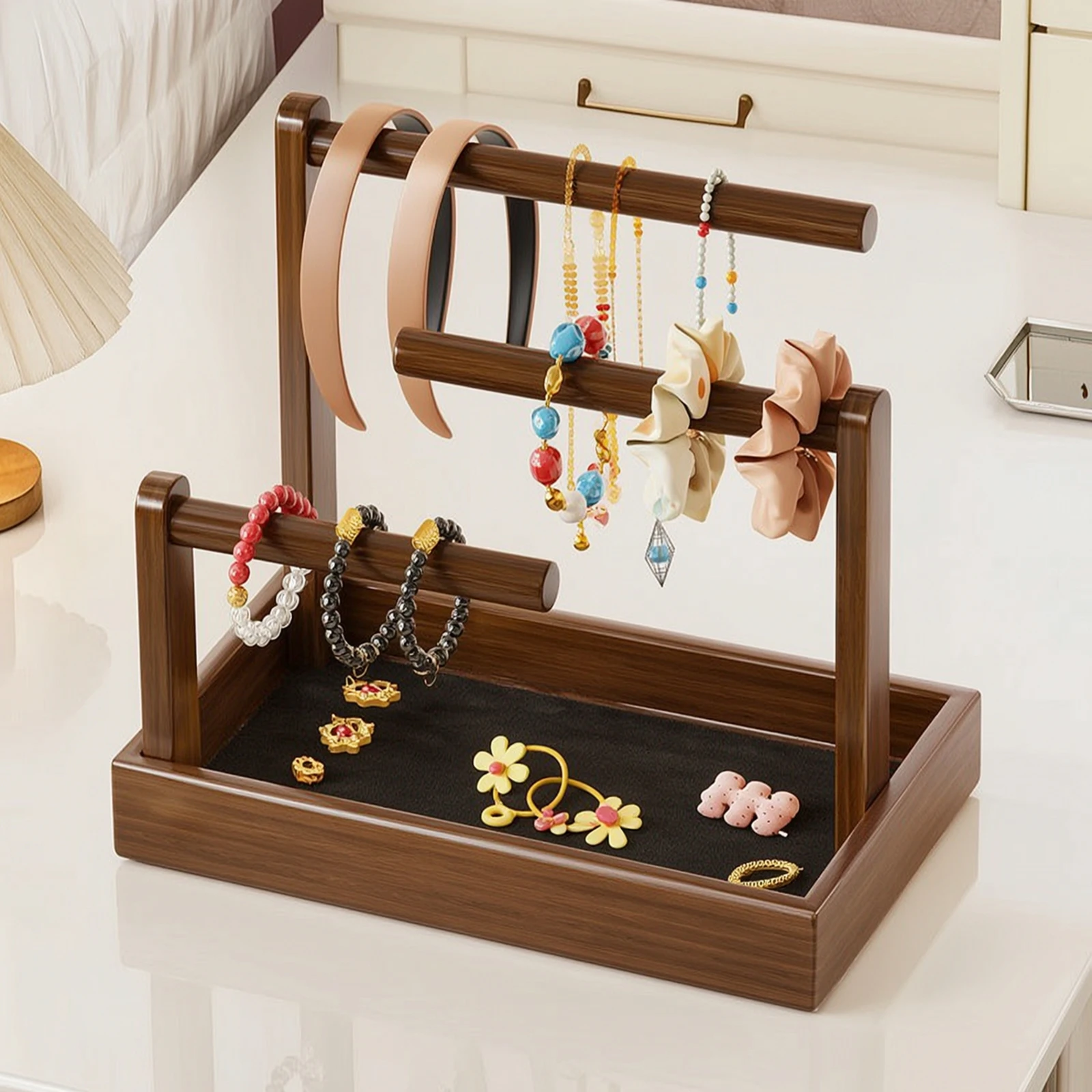 Headband Holder with Tray Walnut-Colored Hairband Organizer with Felt Base Bracelet Display with Wooden Rails Space-Saving