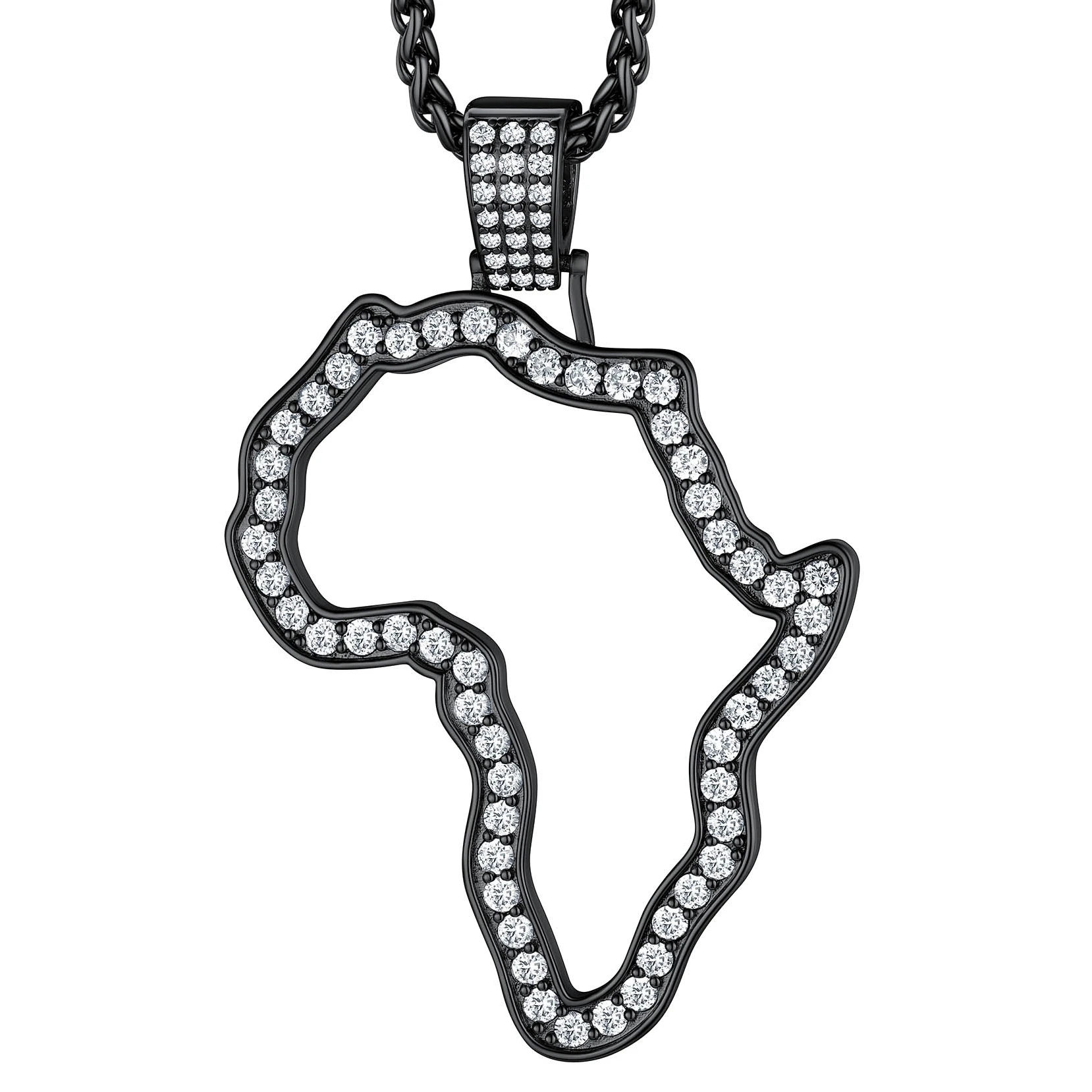 

U7 Iced Out Clear White A+++ CZ Africa Map Pendant Necklaces for Man Woman 22inches Wheat Link Chain Luxury Hip Hop Jewelry Gift