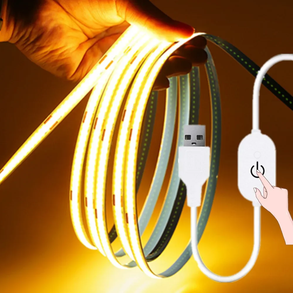 Bande lumineuse LED COB 5V, variateur tactile, Diode Flexible, USB, éclairage intérieur linéaire, lampe de salle, bricolage, miroir TV, rétro-éclairage, décor