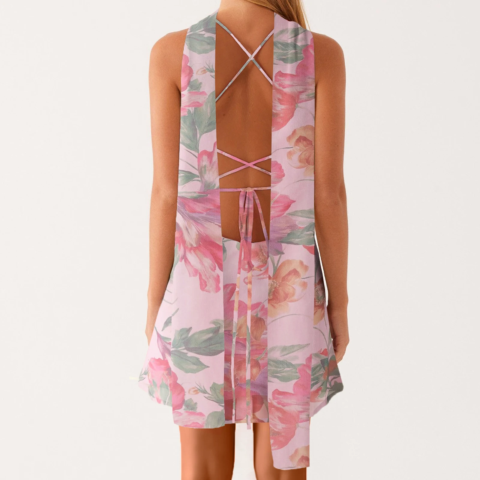 ใหม่แฟชั่นผู้หญิงชุดมินิดอกไม้พิมพ์สีทึบแขนกุด Cami ฤดูร้อนชุดเปลือยกับ Choker ผ้าพันคอ S M L