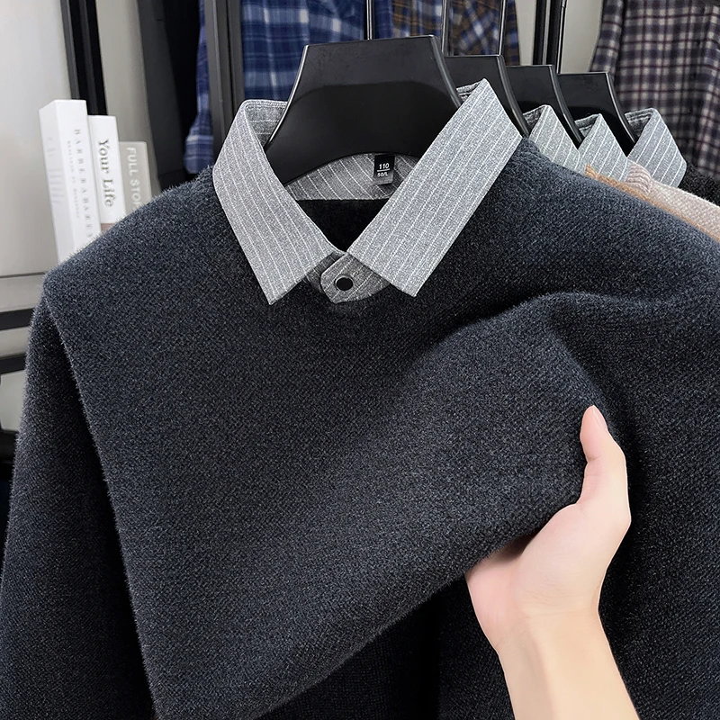 

2025 Autumn and Winter Fashionable Men's Business Wear with A Lapel and Lined Sweater with An Inner Knitted Shirt