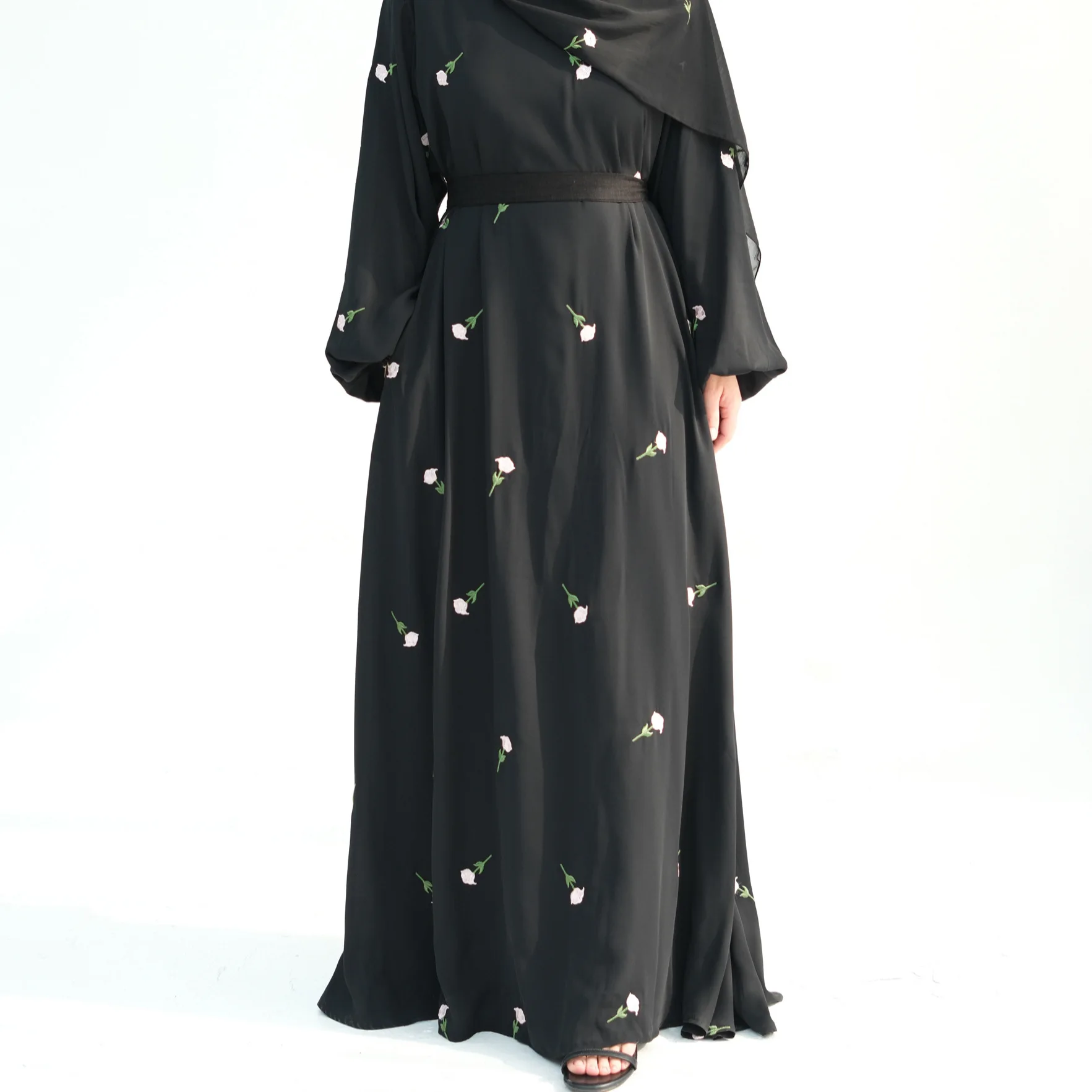 Dubai Turkey Muslim Women Long Maxi Loose Dress Flower Embroidered Dress Abaya Robe