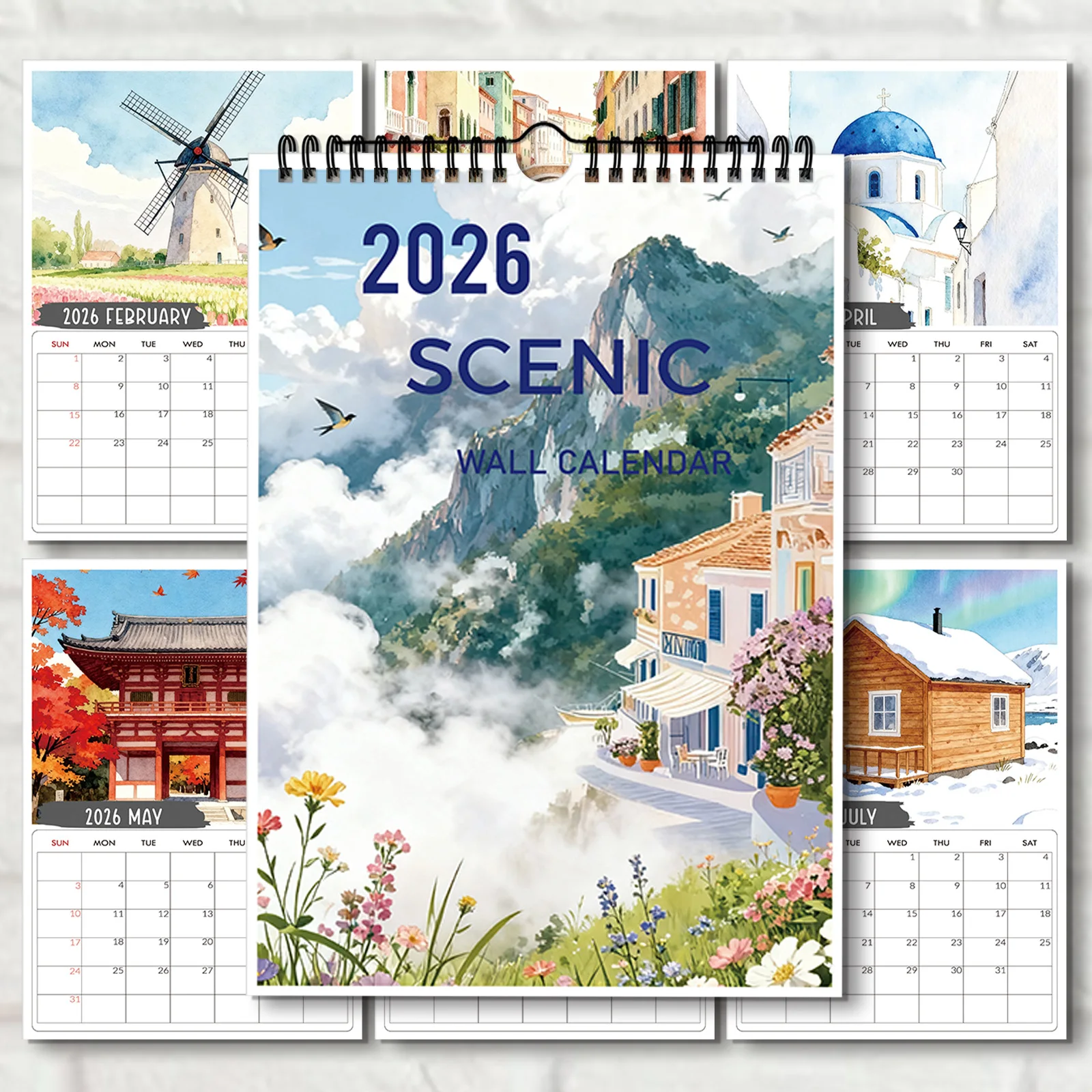 

1PC 2026 Windmill Town Wall Calendar, Idyllic Village-Nature Lovers, Perfect for Home Decor & Yearly Organization