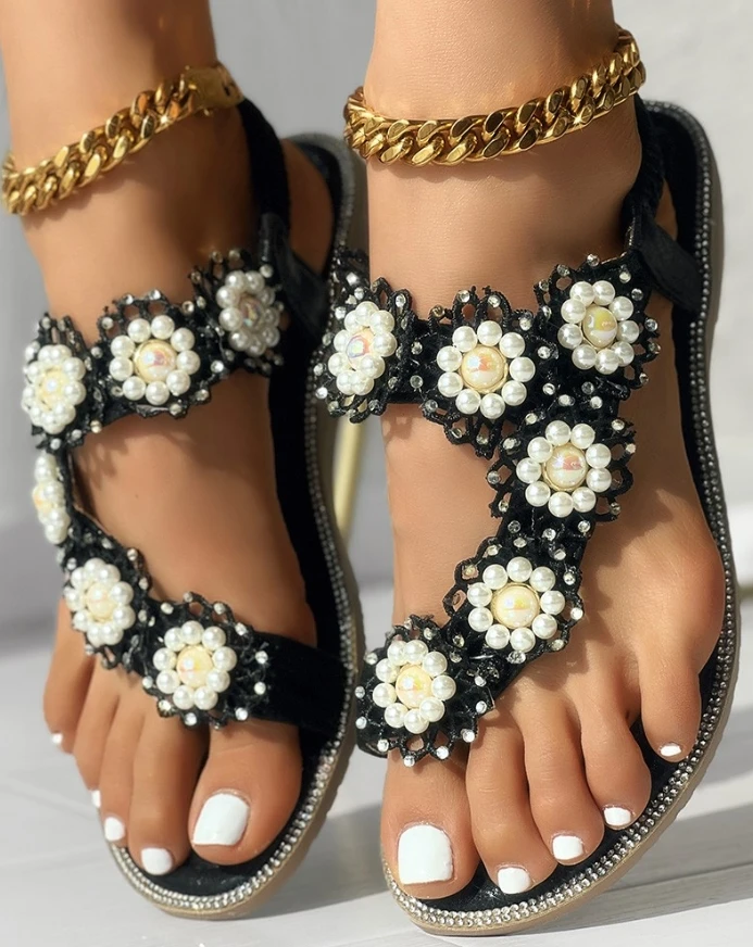 Floral Pattern Beaded Toe Post Sandals