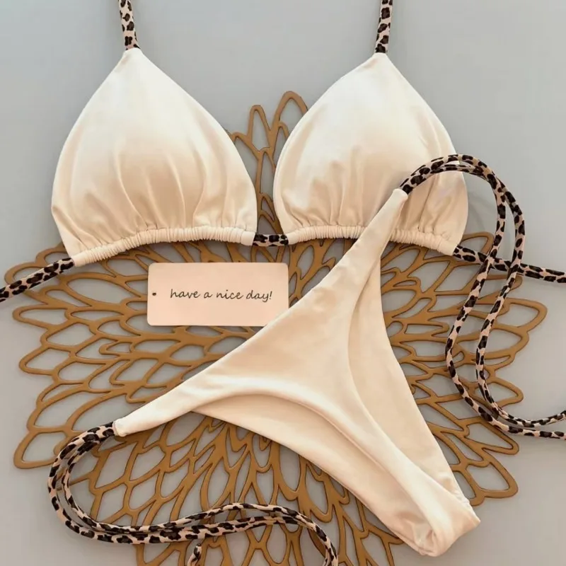 2026 New Leopard Print Strap Triangle Bag Thong Wholesale Low Price Swimming and Wading European and American  Two-Piece Suits