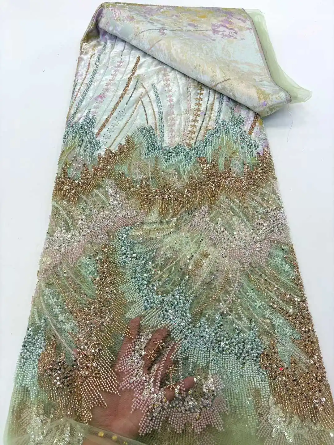 

African Sequins Lace French Velvet Beaded Lace Fabrics Fashion 5 Yards Embroidery Nigerian Lace Fabric For Wedding Women Party