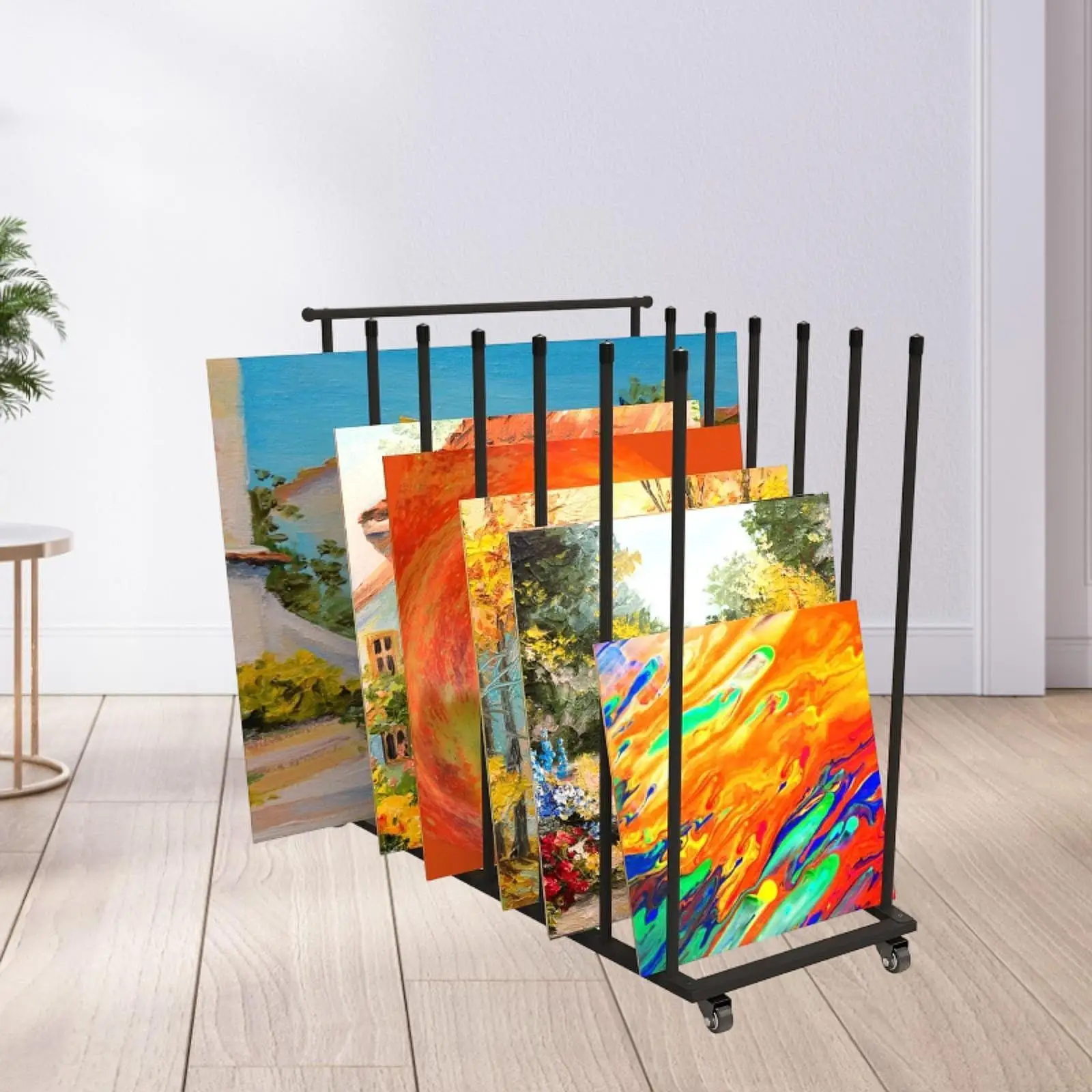 

Versatile Iron Carton Storage Rack with Swivel Wheels Rolling Organizer Utility Stand for Gallery Use