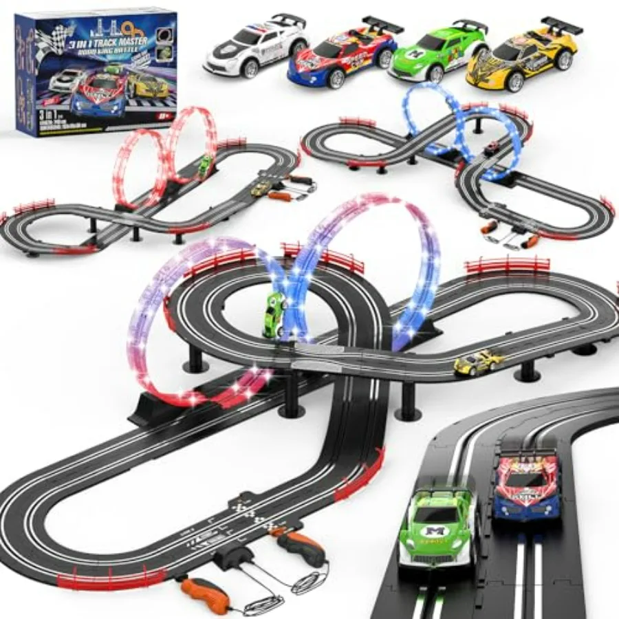 

3 IN 1 Slot Car Race Track Sets with 4 High Speed Slot Cars Electric Race Car Track Include Circular Overpass Flash Tracks 1:43