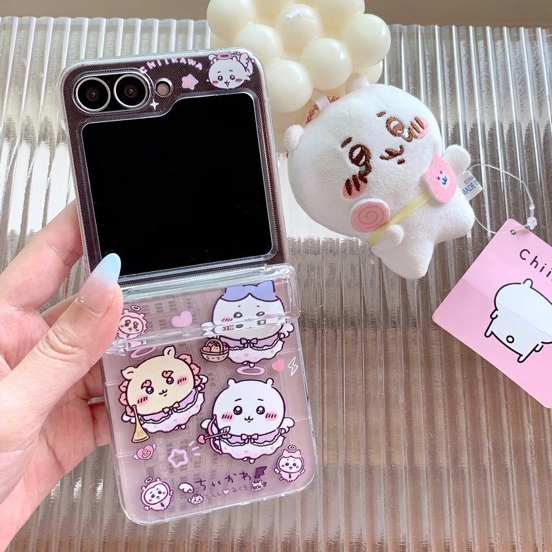 Cute Cartoon Anime Chiikawa Usagi Hachiware Card Wallet Pocket Phone Case For Samsung Galaxy Z Flip 7 6 5 4 3 Cover With Lanyard