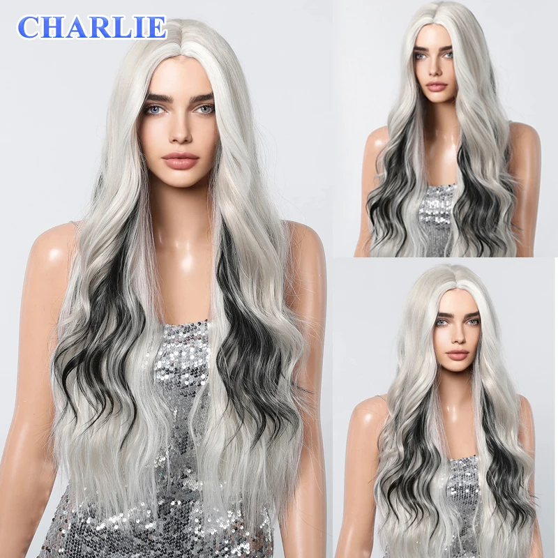 

White Blonde Wigs with Highlight Long Wavy Wig Layered Synthetic Balayage Wig Middle Part Fake Hair Heat Resistant For Women Use