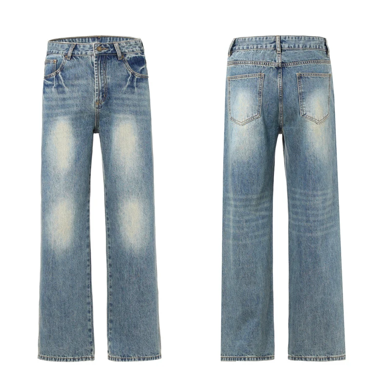 Straight Tube Loose Fit Slim Pants Vibe Style Pants Trendy High Street Cleanfit Washed Simple Versatile Blue Jeans Men