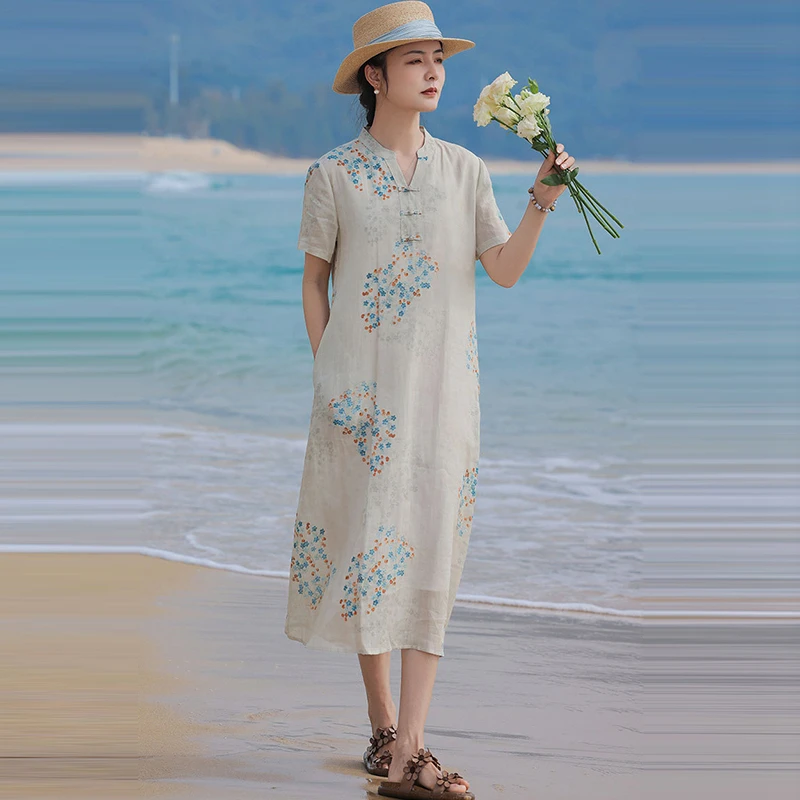 

100% Ramie Women Casual Long Dress New 2026 Summer Chinese Style Vintage V-neck Print Ladies Elegant A-line Dresses M2569