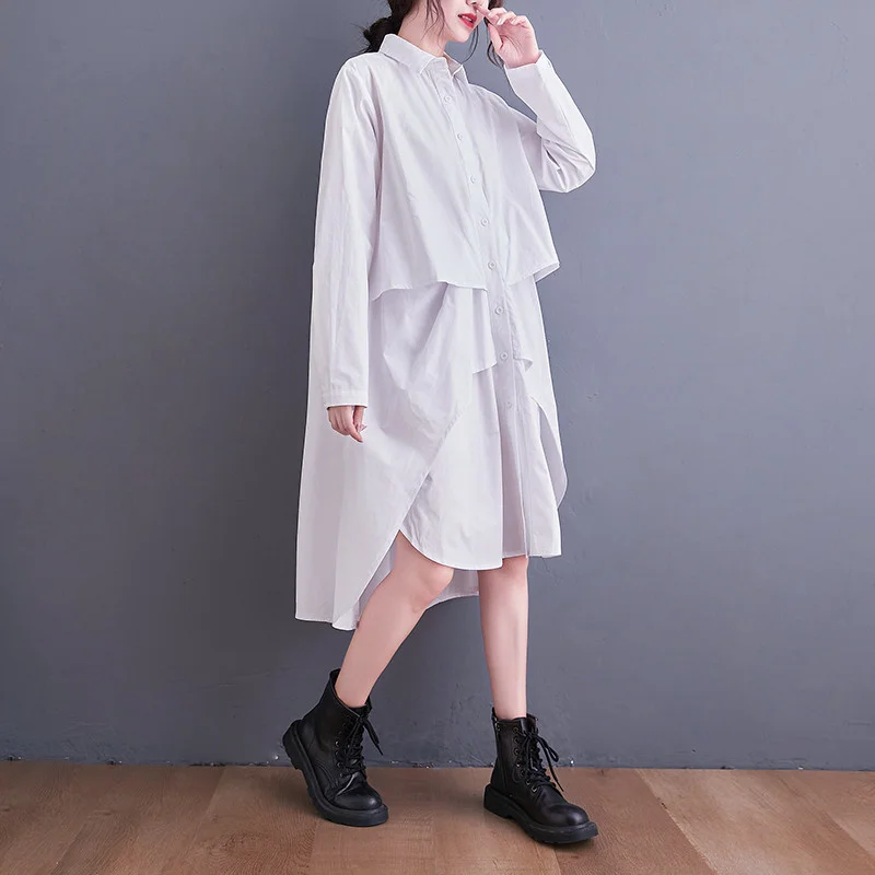 #4096 Black White Women Asymmetric Shirt Dress Long Sleeves Casual Front Button Shirt Dress Polo Neck Loose Sexy Dress Spring