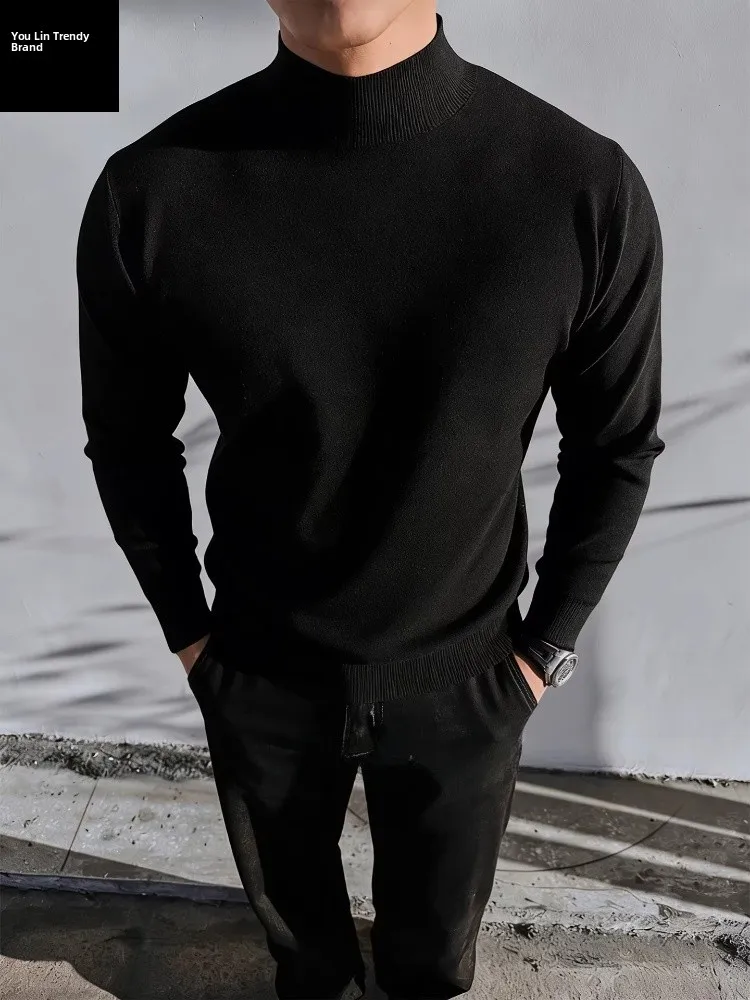 

Men's Knitted f-High Collar Sweater Winter Inner Wear Outerwear Bla Fce-Lined Slim Fit Woolen irt Casual Sle