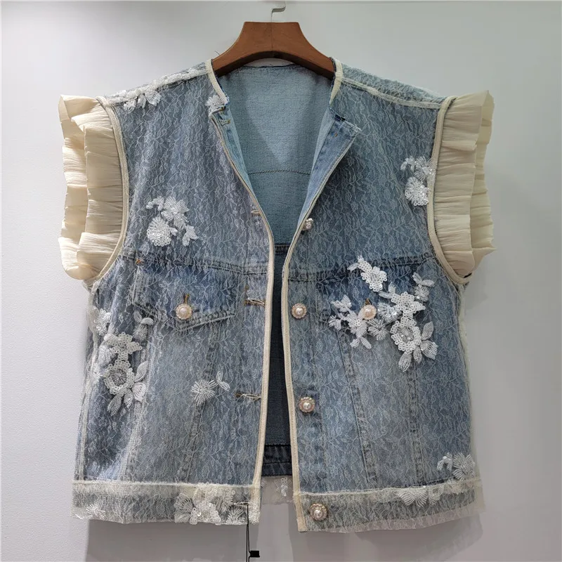 

Heavy Work Sequins Embroidery Mesh Stitching Denim Vest Spring New Round Neck Single-Breasted Ruffle Sleeveless Jeans Waistcoat