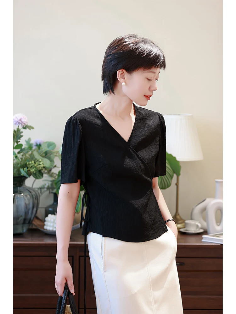 

Slimming Wrap Sle V-Ne ort Sve irt Women's Loose Fit Bla Cotton Casual Top Summer 2026 Commute Faion