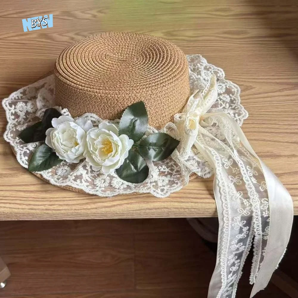 

Breathable Vacation Beach Cap Lightweight Big Brimmed Fisherman Straw Hat with Lace Bow Ribbon Sunshade Topi Woven Sun Cap
